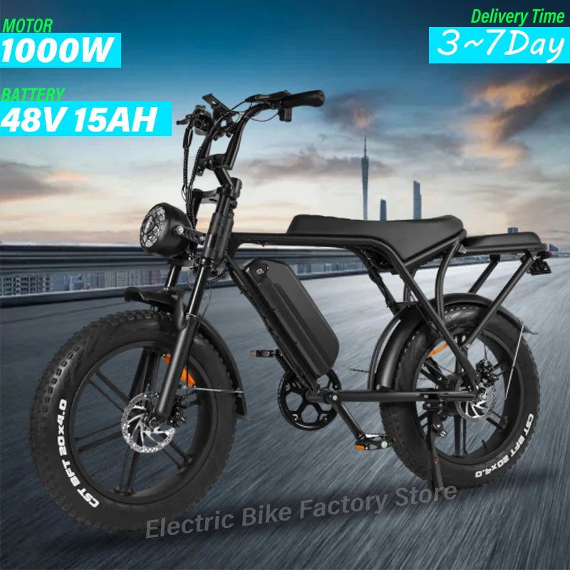 Ebike V8 1000W 48V 15AH V8 Back Seat Fat Tire Electric Bike Beach Cruiser Off-Road Electric Bike Adult Mountain Electric Bike