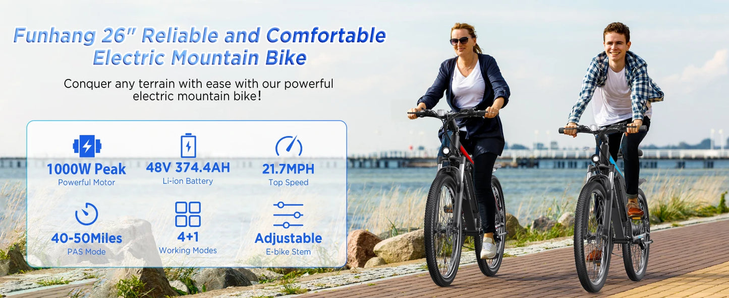 Electric Bike for Adults, 26'' 1000W Peak Ebike,Up to 50 Miles 21.7MPH Electric Mountain Bike with 48V 374.4WH Removable Battery