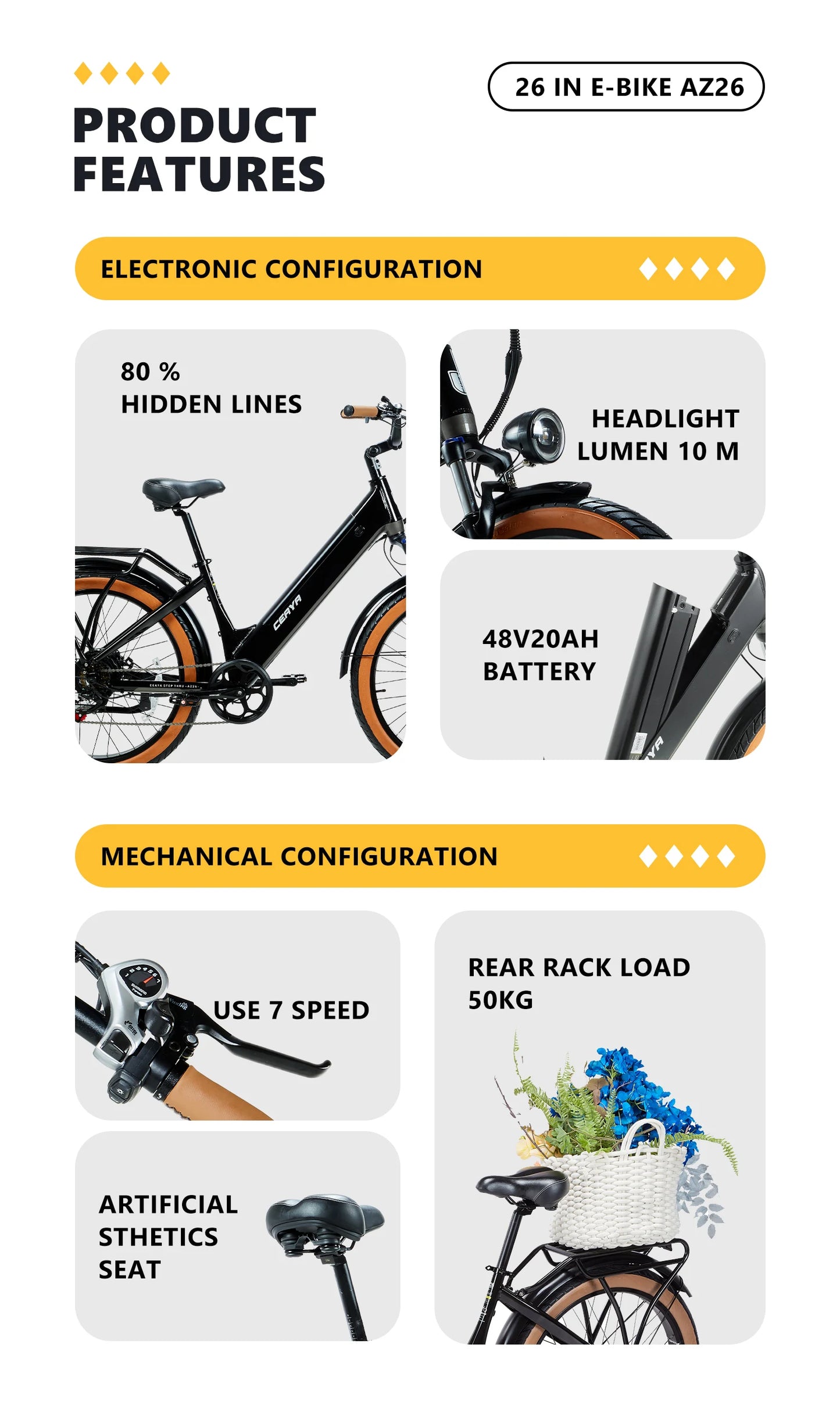 CEAYA  AZ26 Electric Bike 1000W 26Inch Urban City Electric Bike 48V20AH Battery e bike Fat Tyres E-Mountain Bicycle