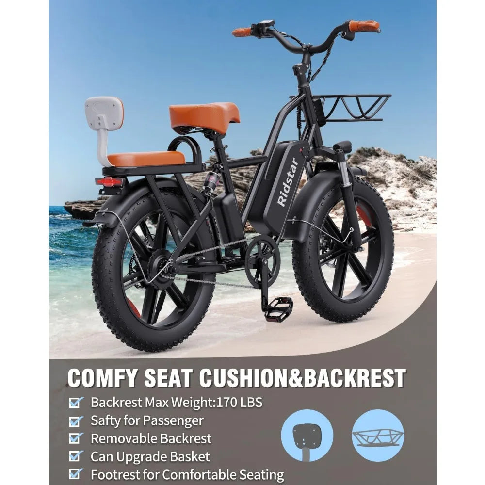 2 Seater Electric Bike for Adults,48V 15AH Removable Battery Ebike 20" x 4.0 Fat Tire Beach Mountain Commuting Electric Bicycles