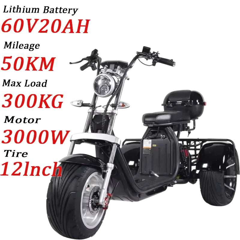 Electric Tricycle MaxLoad 300KG Max Speed 55KM/H Electric Scooter Basket Motorcycle Mileage 90KM 3000W 60V30AH Mobility Scooter