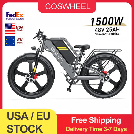 Coswheel Electric Bike 26Inch Mountain electric bicycle T26 Electric Motorcycle 1500W 48V/25Ah Removable Battery Off Road EBike