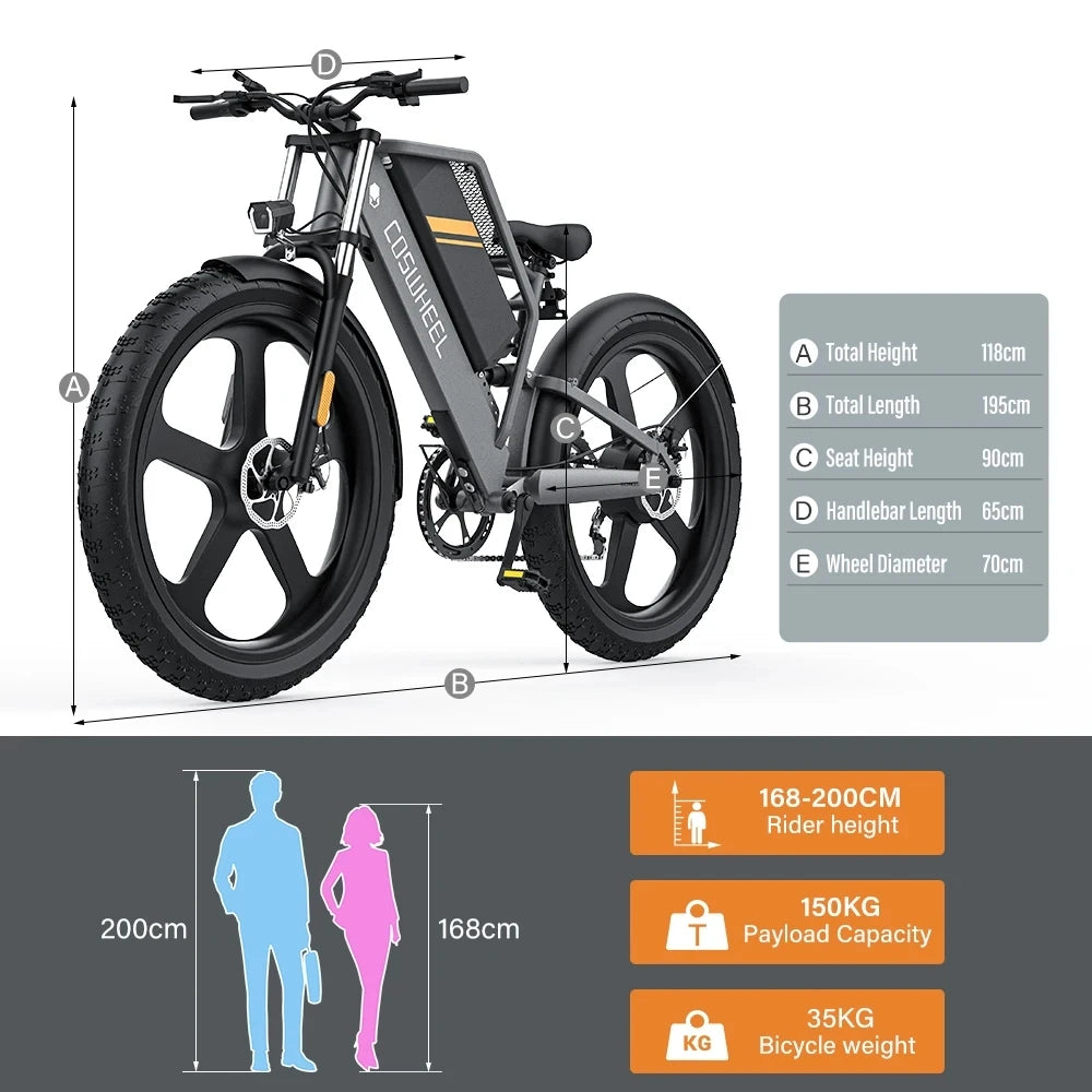 Coswheel Electric Bike 26Inch Mountain electric bicycle T26 Electric Motorcycle 1500W 48V/25Ah Removable Battery Off Road EBike