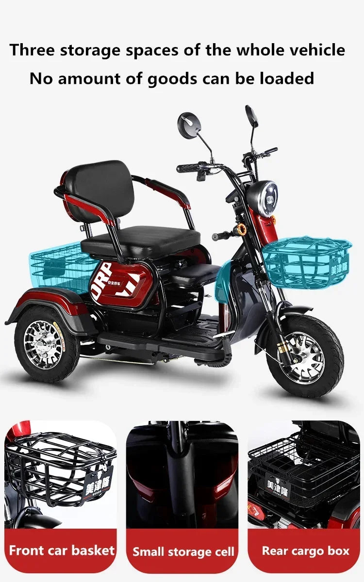 Electric Tricycle Scooter Adult Cargo Electric Bike 24Inch Fat Tire Electric With Basket Parent-child Mobility 3 Wheel E-Scooter