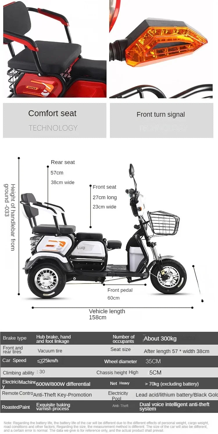 New Electric tricycle 1000W72V22A Small Parentchild Mobility Scooter Leisure Portable outdoor travel electric tricycle Load300KG