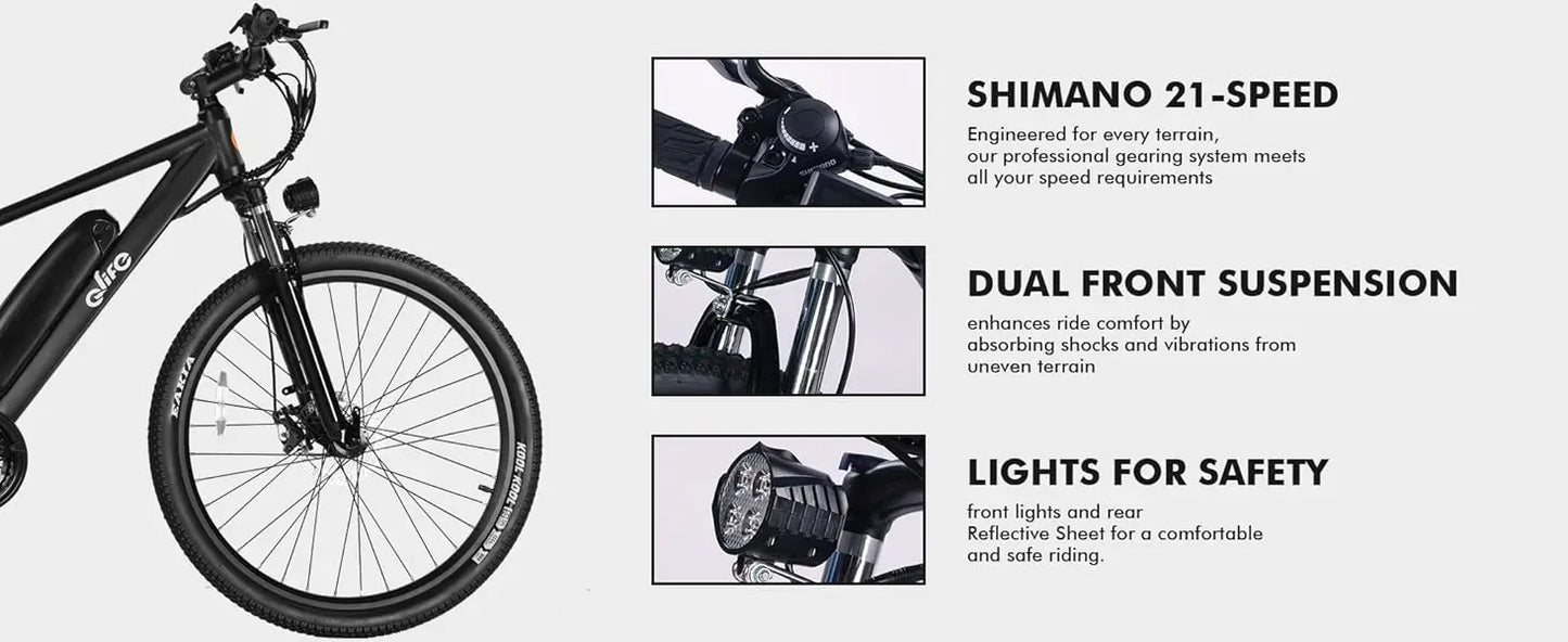 Electric Bike for Adults - 21-Speed Mountain Lightweight Ebike with Peak 750W 22MPH Brushless Motor, 375Wh Removable Battery