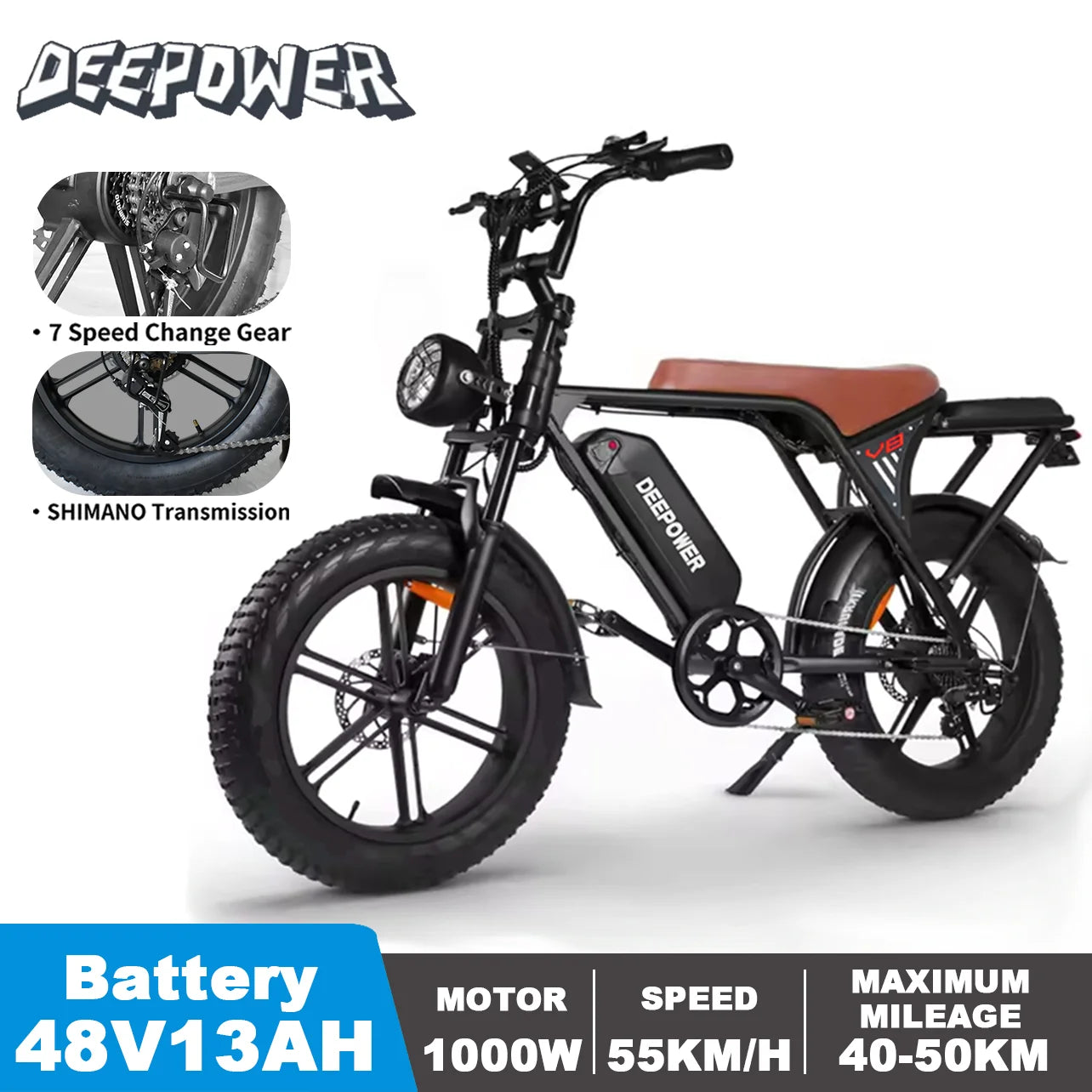 DEEPOWER V8 Adult Electric Bike 1000W Motor EBicycle 48V 25AH 20 Inch Tire E-Bike Electric Mountain Bike Off-Road Motorcycle