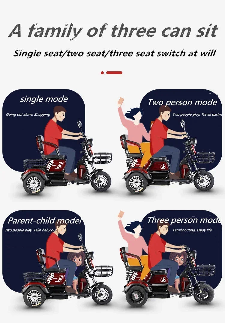 Electric Tricycle Scooter Adult Cargo Electric Bike 24Inch Fat Tire Electric With Basket Parent-child Mobility 3 Wheel E-Scooter